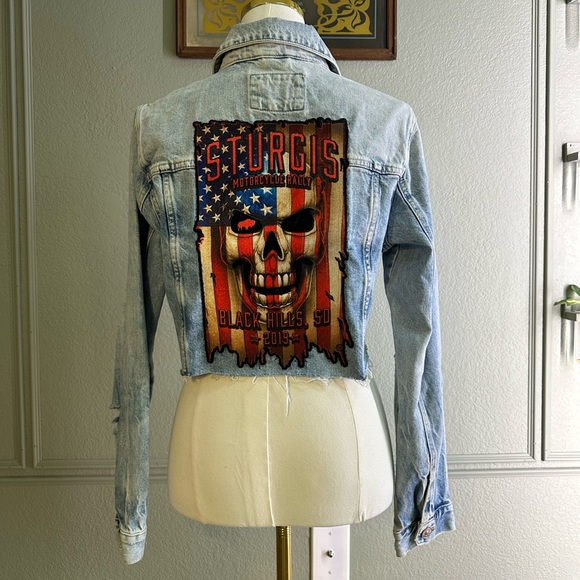 Distressed Custom-Made Sturgis Rally Cropped Denim Jacket - Picture 3 of 7
